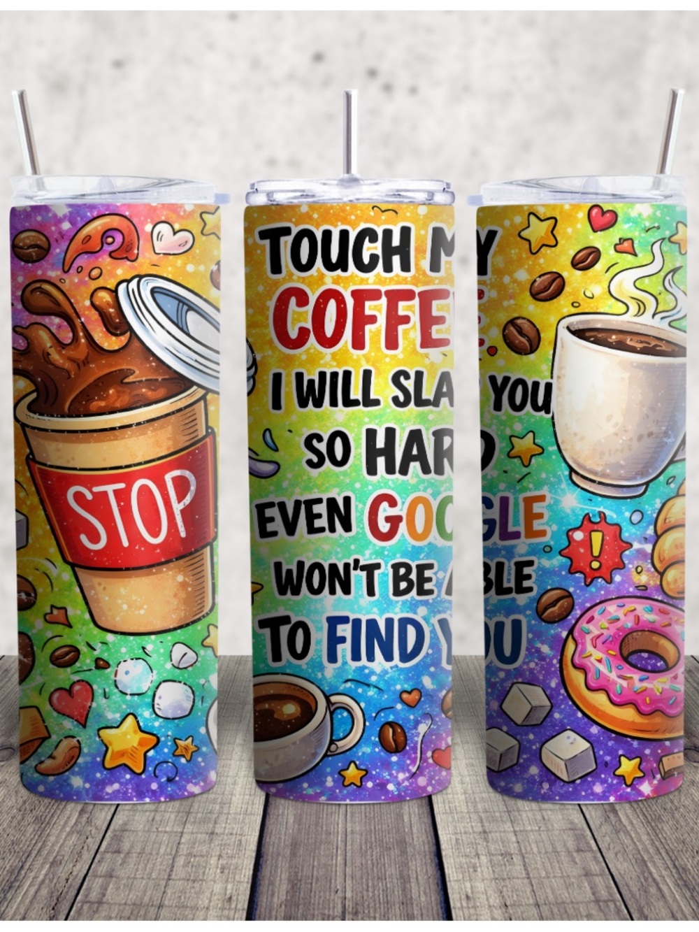 Hand Crafted Colorful Coffee Cartoon Travel Tumbler - Rainbow